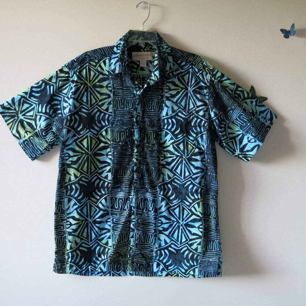 Johari West Authentic Cotton Batik Blue Green Geometric Print T- Shirt Size L
